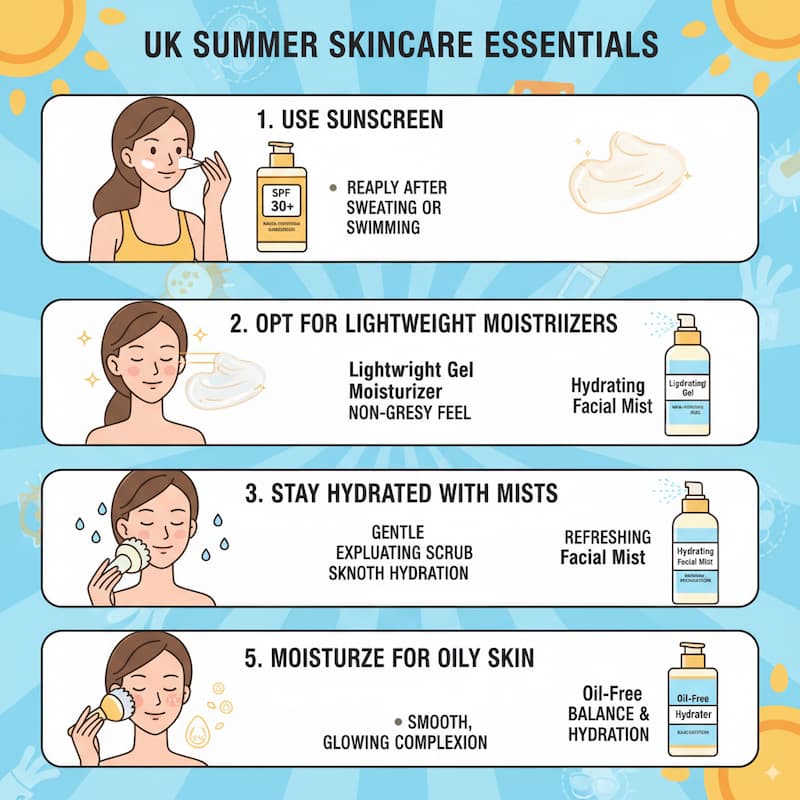 Infographic illustrating a UK summer skincare routine, with steps like sunscreen application, lightweight moisturizers, hydration mists, gentle exfoliation, and oil-free moisturizers for oily skin