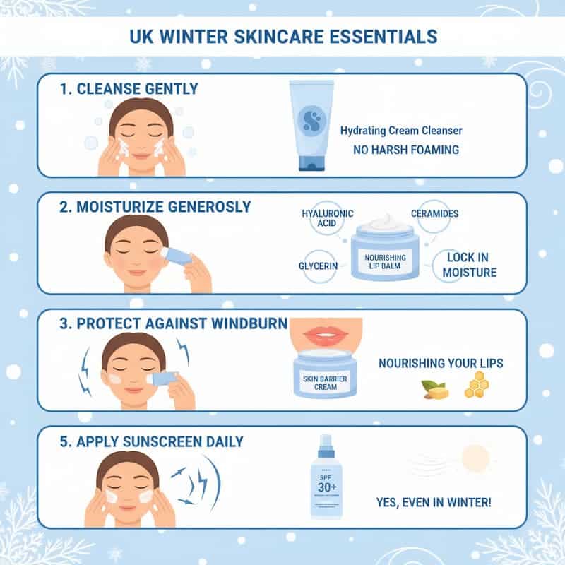 Infographic illustrating a UK winter skincare routine, with steps like gentle cleansing, generous moisturizing, lip protection, windburn shielding, and daily sunscreen application