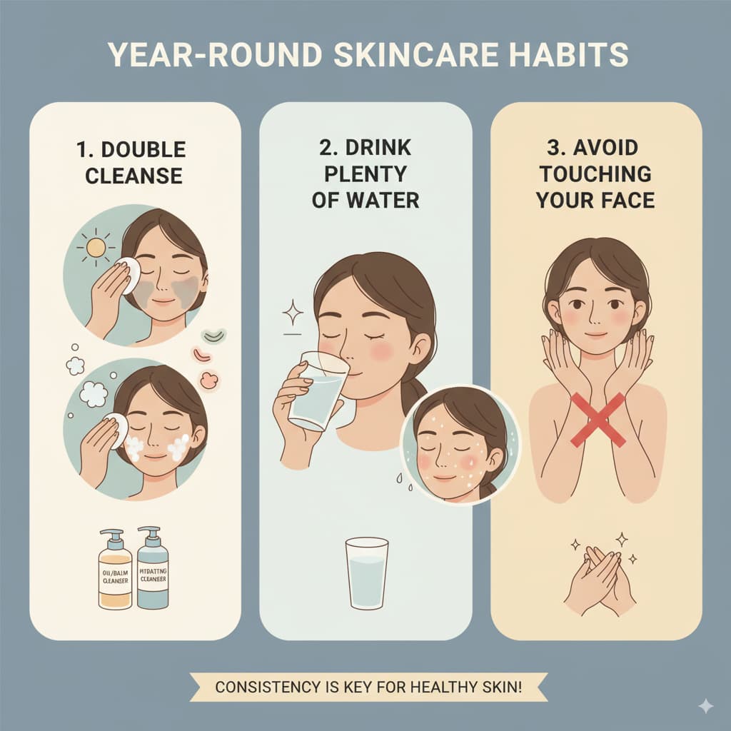 Infographic illustrating year-round skincare habits, including double cleansing, drinking plenty of water, and avoiding touching the face for healthy, radiant skin