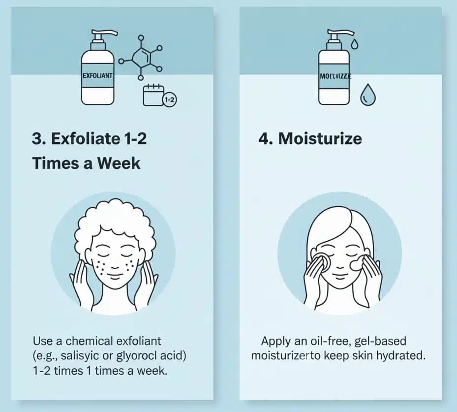 Infographic explaining how to exfoliate 1-2 times a week with chemical exfoliants and moisturize with a lightweight, oil-free moisturizer for oily skin