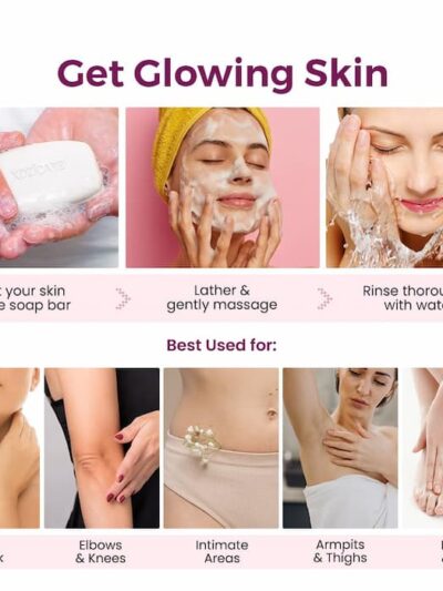 Step-by-step guide to using Kozicare soap for glowing skin: Wet skin & soap bar, lather & massage, rinse with water. Best used for face, neck, elbows, knees, intimate areas, armpits, thighs, hands, and feet