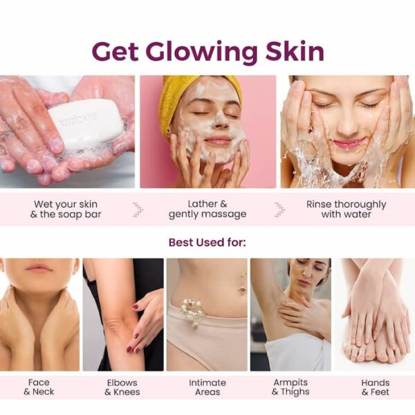 Step-by-step guide to using Kozicare soap for glowing skin: Wet skin & soap bar, lather & massage, rinse with water. Best used for face, neck, elbows, knees, intimate areas, armpits, thighs, hands, and feet