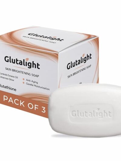 Glutalight Skin Brightening Soap, pack of 3 bars (225g). It controls excess oil, enhances glow, provides anti-aging benefits, and gentle moisturization with Glutathione