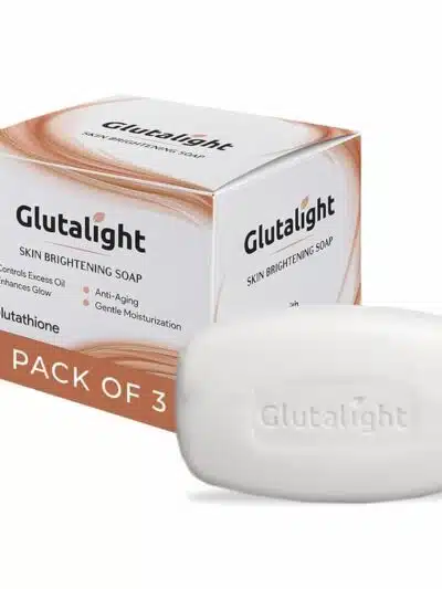 Glutalight Skin Brightening Soap, pack of 3 bars (225g). It controls excess oil, enhances glow, provides anti-aging benefits, and gentle moisturization with Glutathione