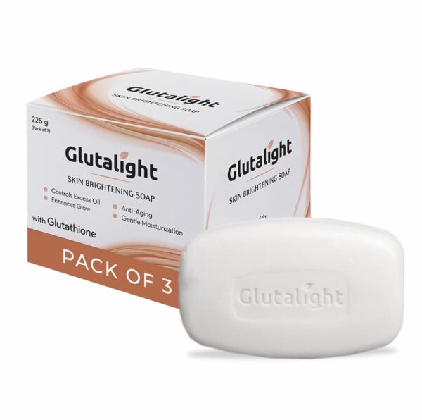 Glutalight Skin Brightening Soap, pack of 3 bars (225g). It controls excess oil, enhances glow, provides anti-aging benefits, and gentle moisturization with Glutathione
