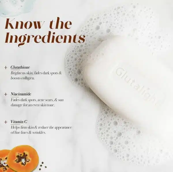 Key ingredients in Glutalight Skin Brightening Soap: Glutathione (brightens skin and fades dark spots), Niacinamide (fades dark spots and sun damage), and Vitamin C (reduces fine lines and wrinkles)
