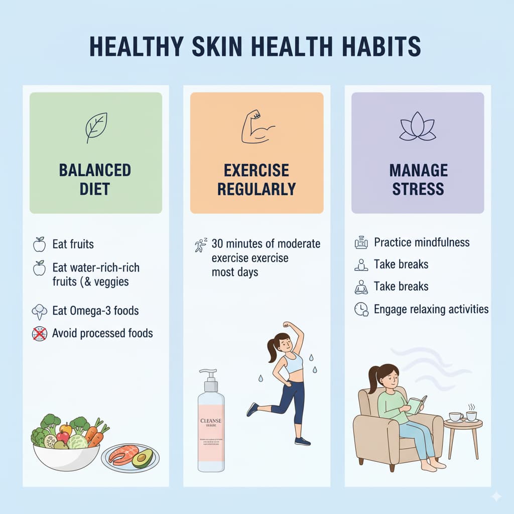 Infographic featuring lifestyle habits for healthy skin: balanced diet, regular exercise, and stress management tips