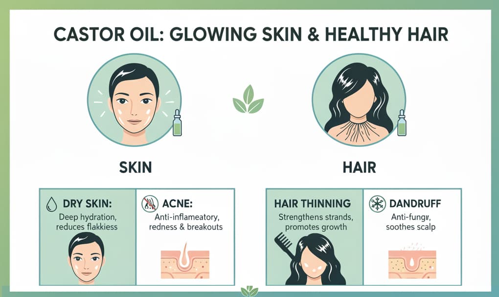 Infographic highlighting the benefits of Castor Oil for glowing skin and healthy hair, with tips for dry skin, acne, hair thinning, and dandruff