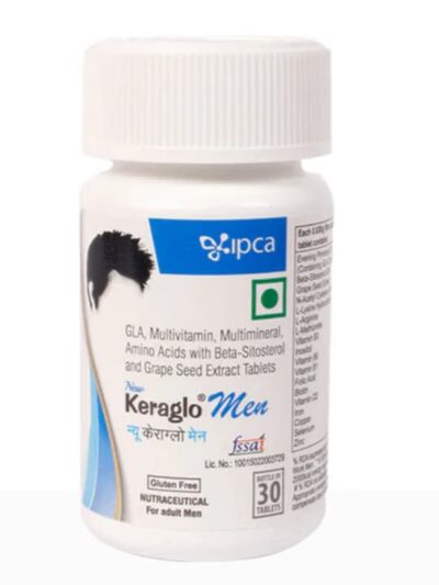 Keraglo Men hair health tablets, 30-count bottle, containing GLA, multivitamins, amino acids, beta-sitosterol, and grape seed extract. Gluten-free and nutraceutical for adult men