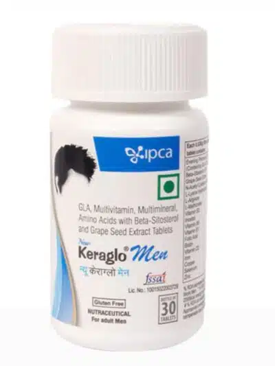 Keraglo Men hair health tablets, 30-count bottle, containing GLA, multivitamins, amino acids, beta-sitosterol, and grape seed extract. Gluten-free and nutraceutical for adult men