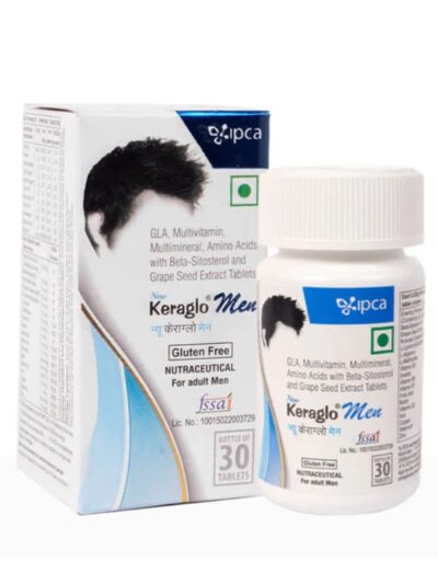 Keraglo Men hair health tablets, 30-count bottle with box packaging, containing GLA, multivitamins, amino acids, beta-sitosterol, and grape seed extract. Gluten-free and nutraceutical for men