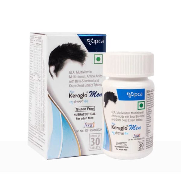 Keraglo Men hair health tablets, 30-count bottle with box packaging, containing GLA, multivitamins, amino acids, beta-sitosterol, and grape seed extract. Gluten-free and nutraceutical for men