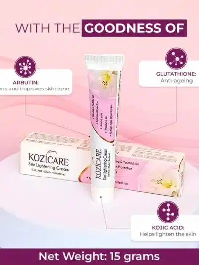 Kozicare Skin Lightening Cream with the goodness of Arbutin, Glutathione, and Kojic Acid for brightening, anti-aging, and skin lightening. Packaged in a 15-gram tube