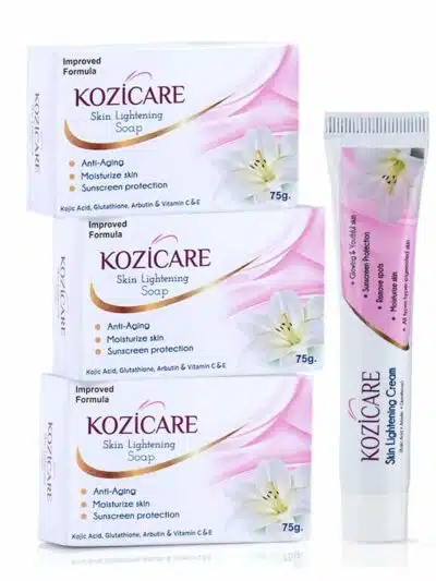 Kozicare Skin Lightening Soap (3 bars of 75g) alongside Kozicare Skin Lightening Cream. The soap helps with anti-aging, moisturizing, and sunscreen protection, enriched with Kojic Acid, Glutathione, Arbutin, and Vitamin C & E.