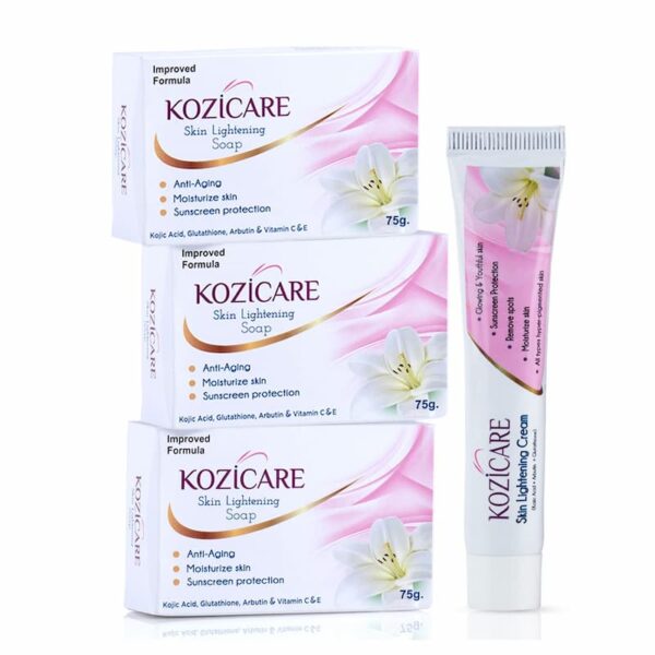 Kozicare Skin Lightening Soap (3 bars of 75g) alongside Kozicare Skin Lightening Cream. The soap helps with anti-aging, moisturizing, and sunscreen protection, enriched with Kojic Acid, Glutathione, Arbutin, and Vitamin C & E.