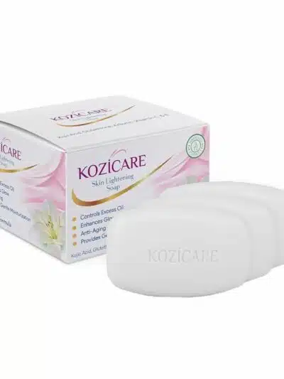 Kozicare Skin Lightening Soap, with a box containing three soap bars. It controls excess oil, enhances glow, provides anti-aging benefits, and contains Kojic Acid and Glutathione