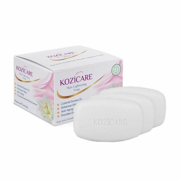 Kozicare Skin Lightening Soap, with a box containing three soap bars. It controls excess oil, enhances glow, provides anti-aging benefits, and contains Kojic Acid and Glutathione