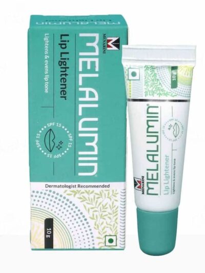 Melalumin Lip Lightener with packaging, 10g tube. It lightens and evens lip tone, includes SPF 15, and is dermatologist recommended