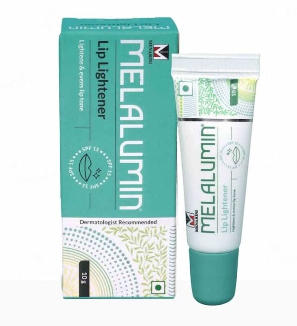 Melalumin Lip Lightener with packaging, 10g tube. It lightens and evens lip tone, includes SPF 15, and is dermatologist recommended