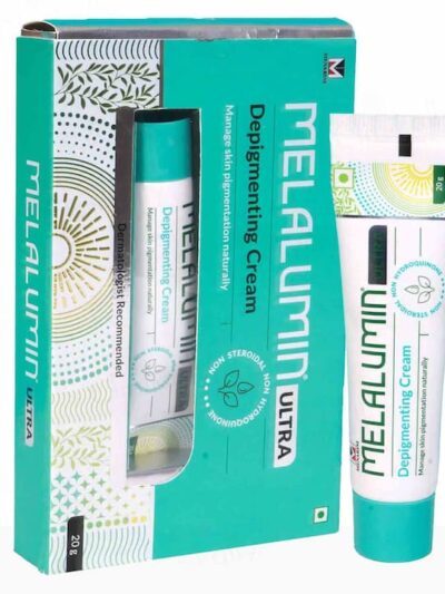 Melalumin Ultra Depigmenting Cream, 20g tube with packaging. Non-steroidal and non-hydroquinone formula for managing skin pigmentation naturally