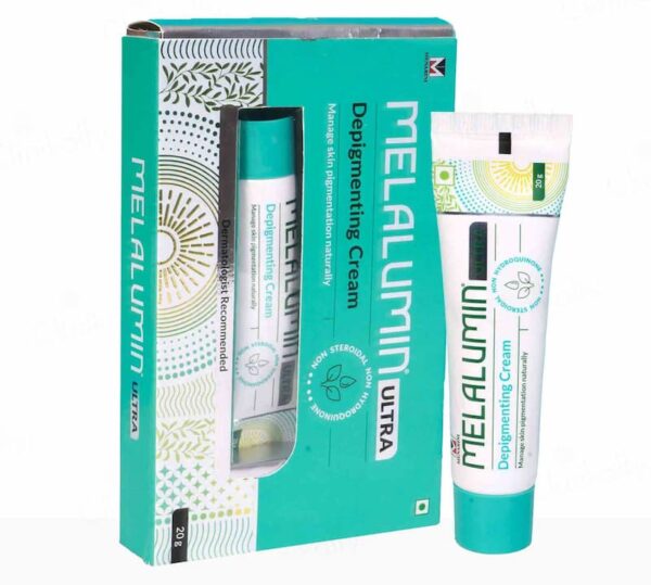 Melalumin Ultra Depigmenting Cream, 20g tube with packaging. Non-steroidal and non-hydroquinone formula for managing skin pigmentation naturally