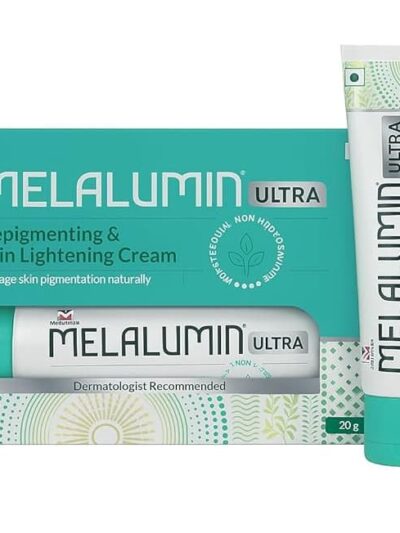 Melalumin Ultra Depigmenting & Skin Lightening Cream, 20g tube with packaging. Dermatologist recommended to manage skin pigmentation naturally.