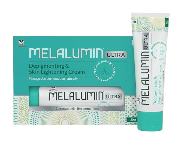 Melalumin Ultra Depigmenting & Skin Lightening Cream, 20g tube with packaging. Dermatologist recommended to manage skin pigmentation naturally.