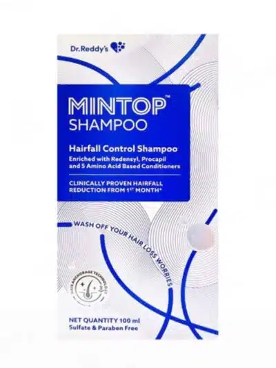 Mintop Shampoo 100 ml box, enriched with Redensyl, Procapsil, and amino acid-based conditioners for effective hair fall control. Clinically proven to reduce hair fall.