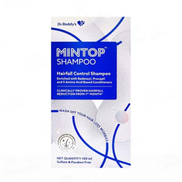 Mintop Shampoo 100 ml box, enriched with Redensyl, Procapsil, and amino acid-based conditioners for effective hair fall control. Clinically proven to reduce hair fall.