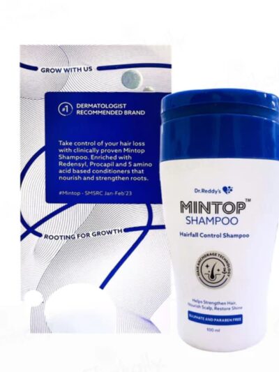 Mintop Shampoo 100 ml bottle with packaging, enriched with Redensyl, Procapsil, and 5 amino acid-based conditioners for hair fall control and root strengthening. Sulfate and paraben-free.