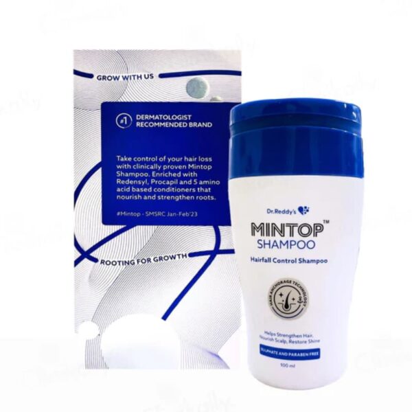 Mintop Shampoo 100 ml bottle with packaging, enriched with Redensyl, Procapsil, and 5 amino acid-based conditioners for hair fall control and root strengthening. Sulfate and paraben-free.
