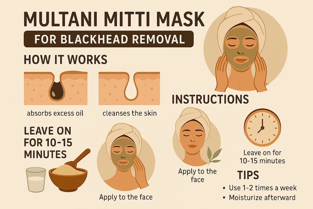 Infographic showing how to use Multani Mitti (Fuller’s Earth) Mask for blackhead removal, with instructions and a tip for extra antibacterial benefits