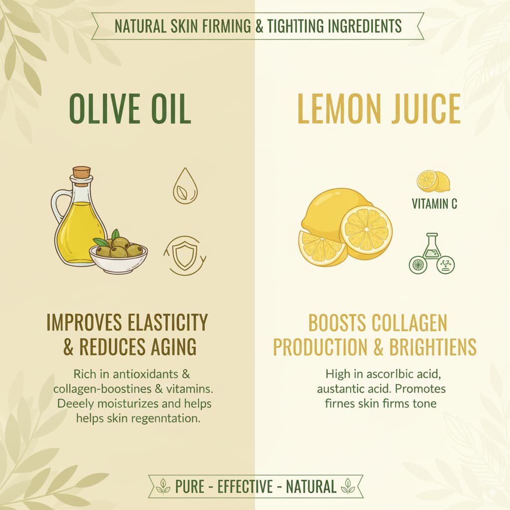 Infographic showcasing Olive Oil and Lemon Juice as natural ingredients for tightening and nourishing the skin, with visuals and brief descriptions of their benefits