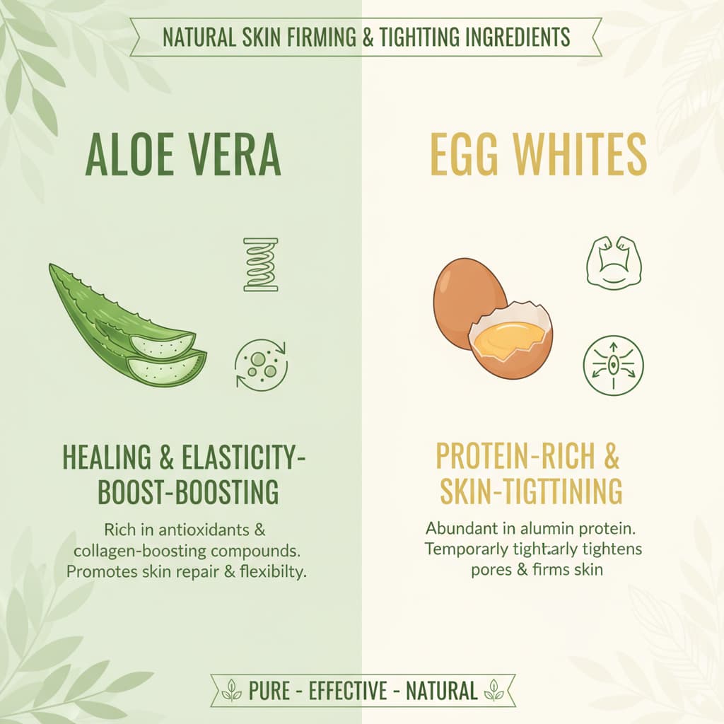 Infographic displaying natural ingredients like Aloe Vera and Egg Whites for tightening and firming skin, with clear visuals and brief descriptions