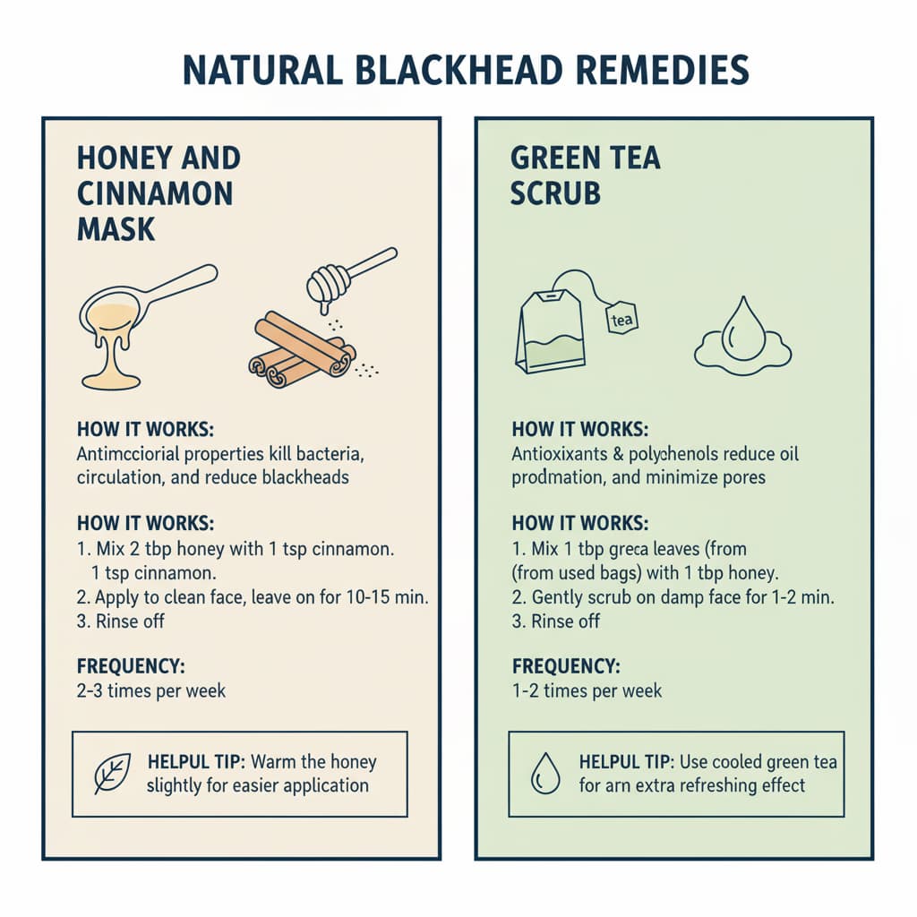Infographic displaying two natural remedies for blackhead removal: Honey and Cinnamon Mask and Green Tea Scrub, with instructions and tips for each remedy