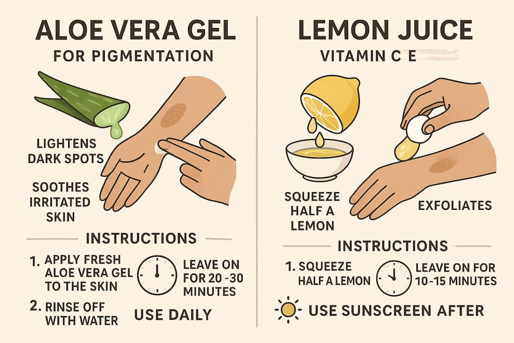 Infographic showing two natural remedies for pigmentation: Aloe Vera Gel and Lemon Juice, with step-by-step instructions and helpful tips for each remedy