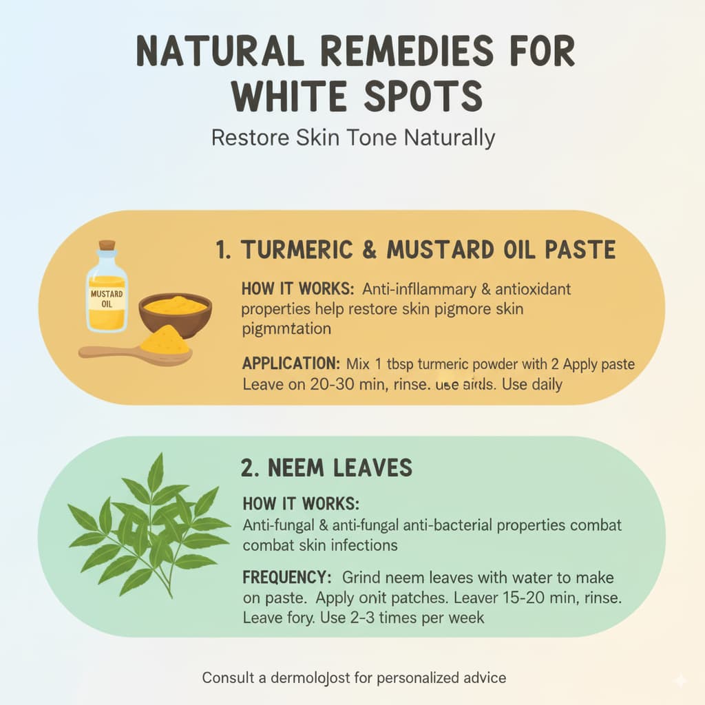 Infographic showing two natural remedies for treating white spots: Turmeric and Mustard Oil Paste, and Neem Leaves, with instructions, benefits, and usage tips