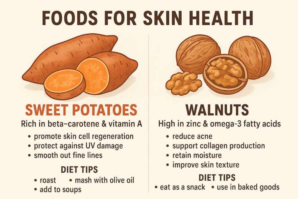 Infographic comparing Sweet Potatoes and Walnuts for skin health, highlighting key nutrients, benefits, and diet tips