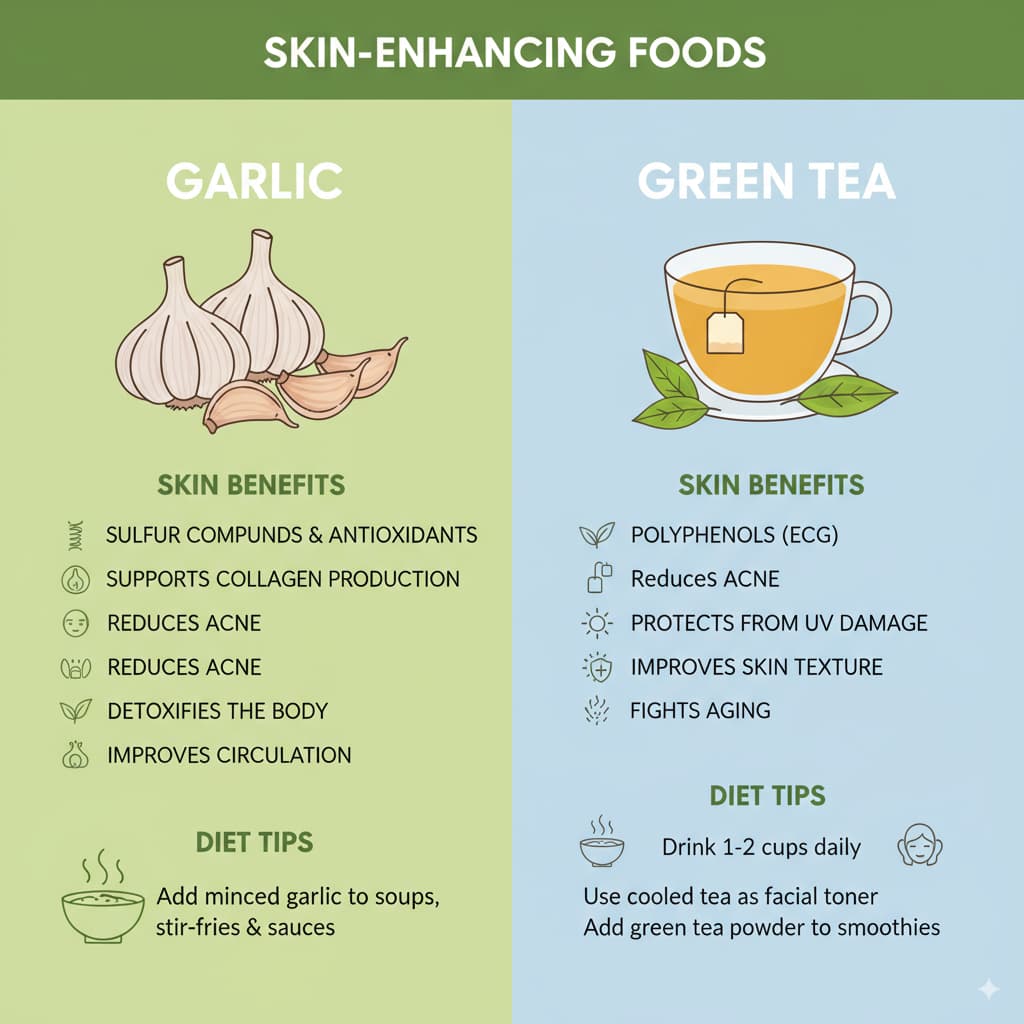 Infographic comparing Garlic and Green Tea for skin health, showcasing their key nutrients, benefits, and diet tips