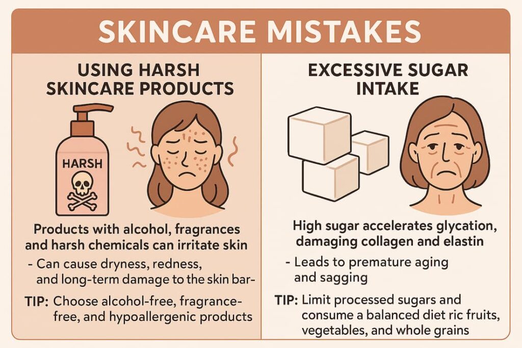Infographic showcasing skincare mistakes: Using harsh skincare products and excessive sugar intake, with tips to prevent skin damage