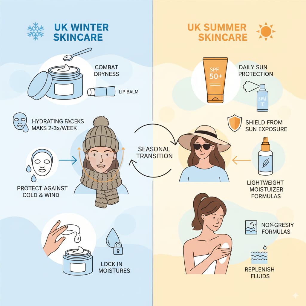 Infographic illustrating skincare routines for UK winters and summers, showing winter tips like rich moisturizers and hydration masks, and summer tips like sunscreen and lightweight moisturizers