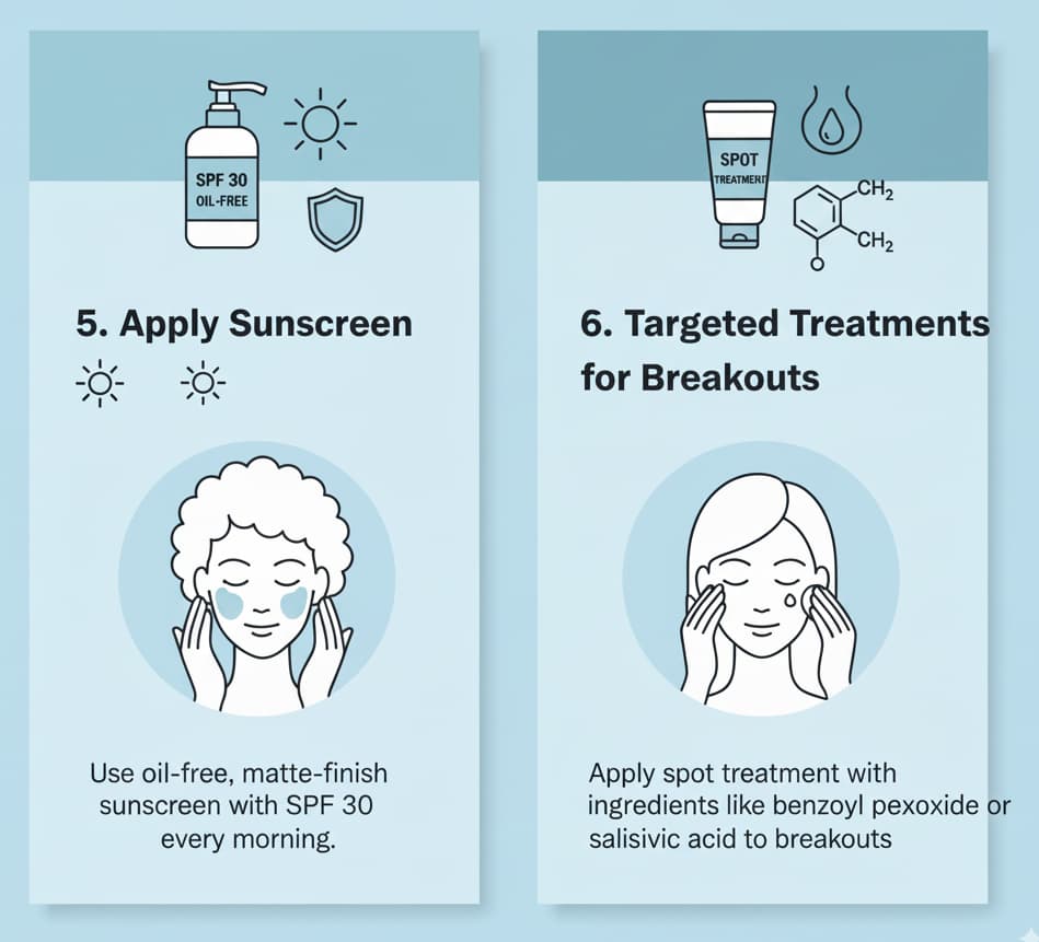 Infographic showing how to apply sunscreen every day with an oil-free, matte finish and use targeted treatments like benzoyl peroxide or salicylic acid for breakouts on oily skin