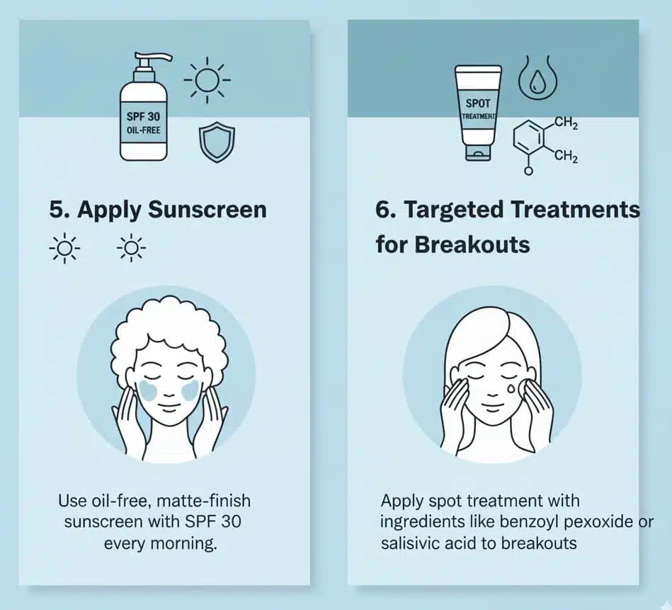 Infographic showing how to apply sunscreen every day with an oil-free, matte finish and use targeted treatments like benzoyl peroxide or salicylic acid for breakouts on oily skin