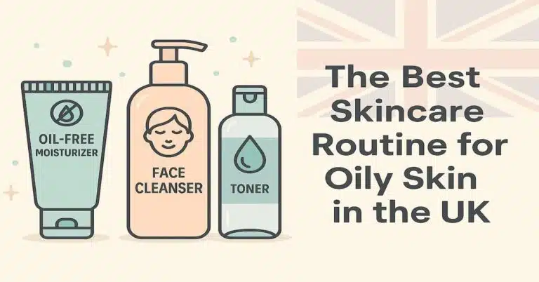 Infographic with tips for managing oily skin in the UK, including adjusting skincare for seasons, avoiding touching the face, and maintaining a healthy diet and hydration for balanced skin