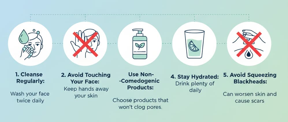 Infographic showing five tips for preventing blackheads: Cleanse Regularly, Avoid Touching Your Face, Use Non-Comedogenic Products, Stay Hydrated, and Avoid Squeezing Blackheads, with visual aids for each tip