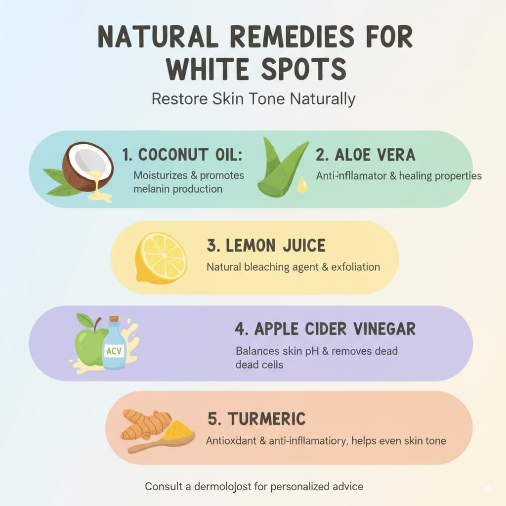 Infographic showing the top 5 natural remedies for white spots on the skin, including Coconut Oil, Aloe Vera, Lemon Juice, Apple Cider Vinegar, and Turmeric, with brief descriptions of each remedy’s benefits