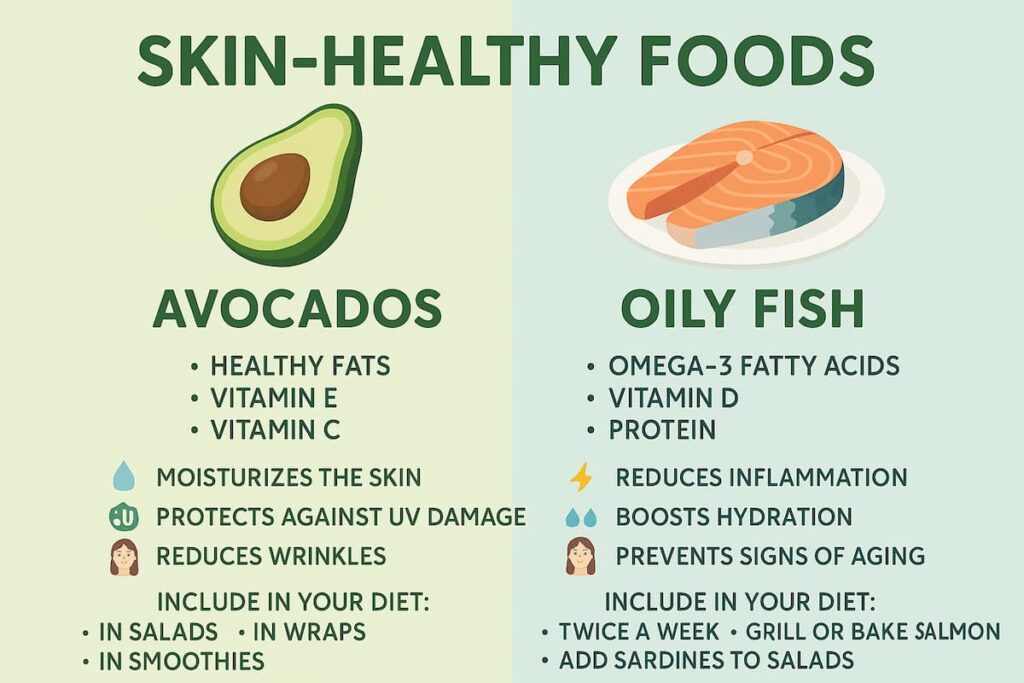 Infographic comparing skin-healthy foods: Avocados and Oily Fish. Highlights nutrients, benefits, and diet tips for each