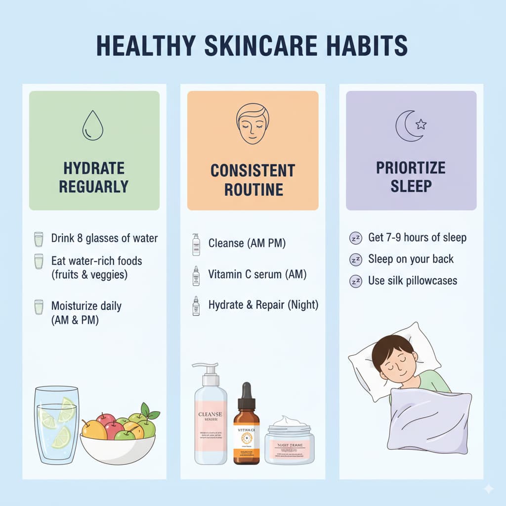 Infographic featuring essential skincare habits: Hydrate regularly, follow a consistent skincare routine, and prioritize sleep for healthy, youthful skin