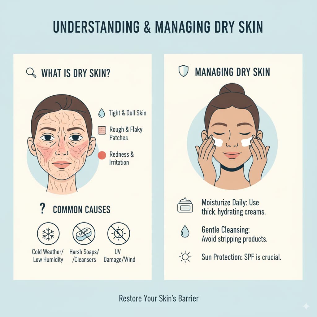 Infographic explaining dry skin (xerosis), including its causes like cold weather and harsh skincare products, and how to manage it with moisturizing products.