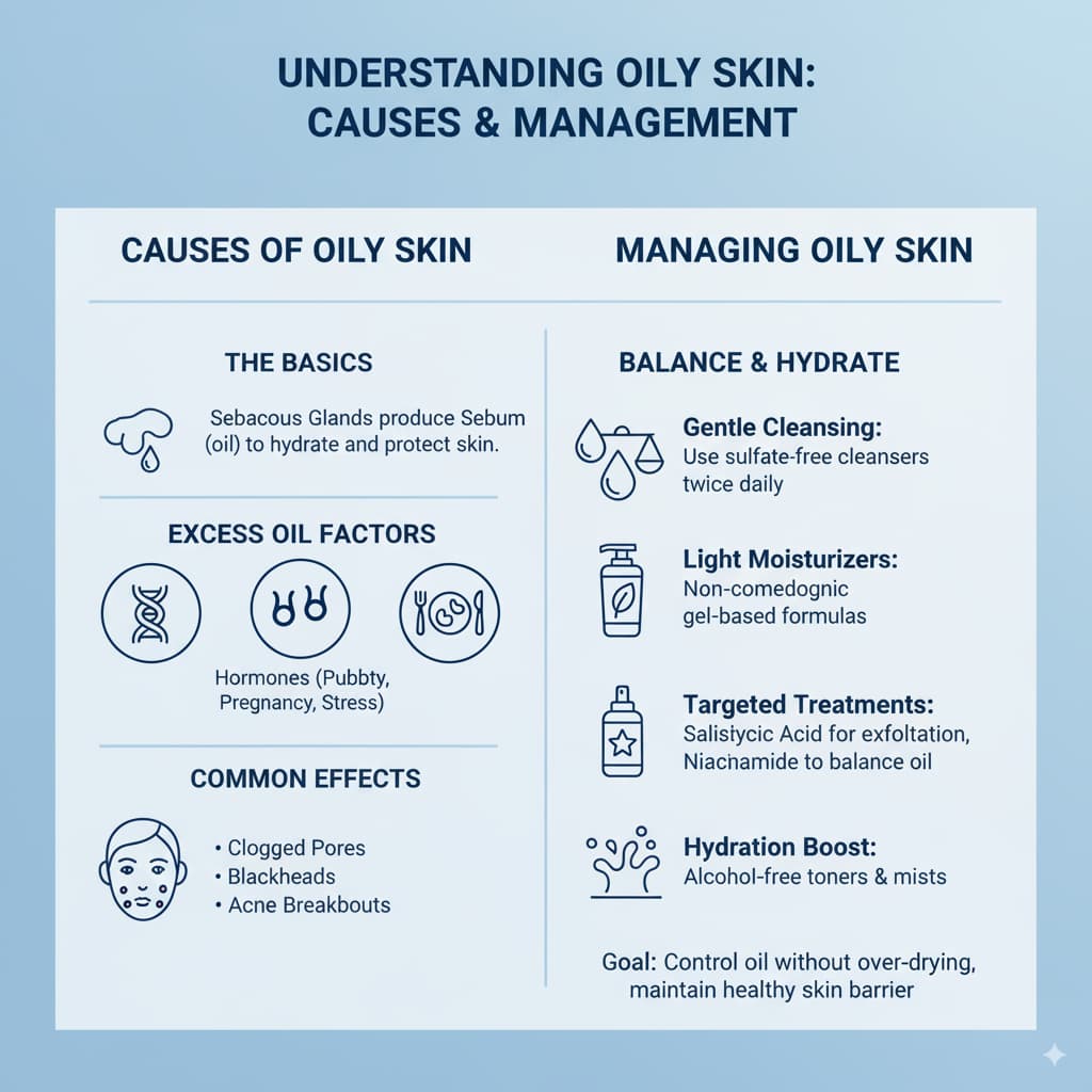 Infographic explaining oily skin, its causes like genetics and hormones, effects like blackheads and acne, and how to balance oil production with a good skincare routine